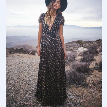 V-neck Flower Print High Waist Long Dress