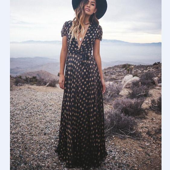 V-neck Flower Print High Waist Long Dress