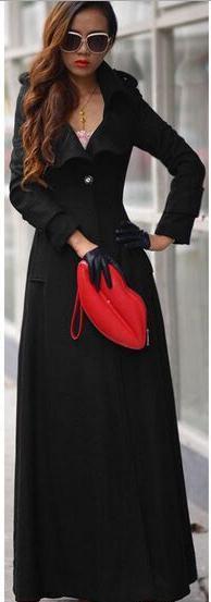 Turn-down Collar Woolen Slim Full Length Coat