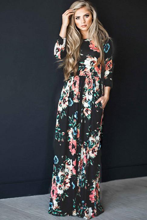Flower Print 3/4 Sleeves and Short Sleeves High Waist Long Party Dress