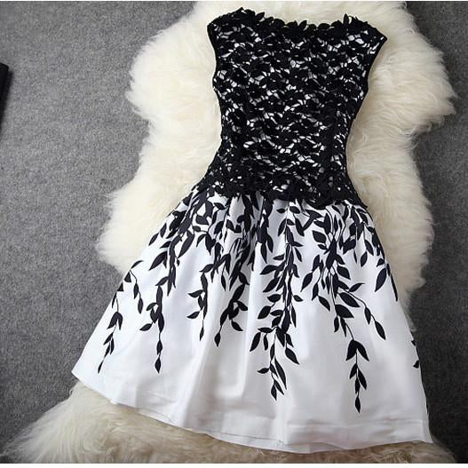 Unique Leave Print Crochet Hollow Out Lace Ball Gown Dress
