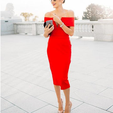 Off-shoulder Short Sleeves Bodycon Knee-length Evening Dress