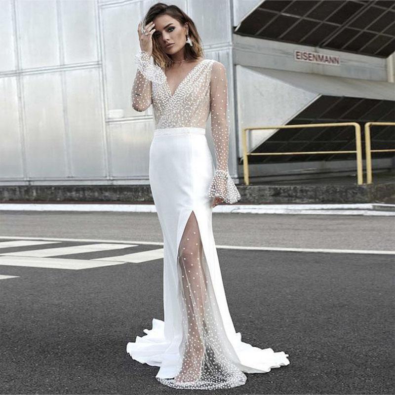 Lace V Neck See Though Mermaid Dress