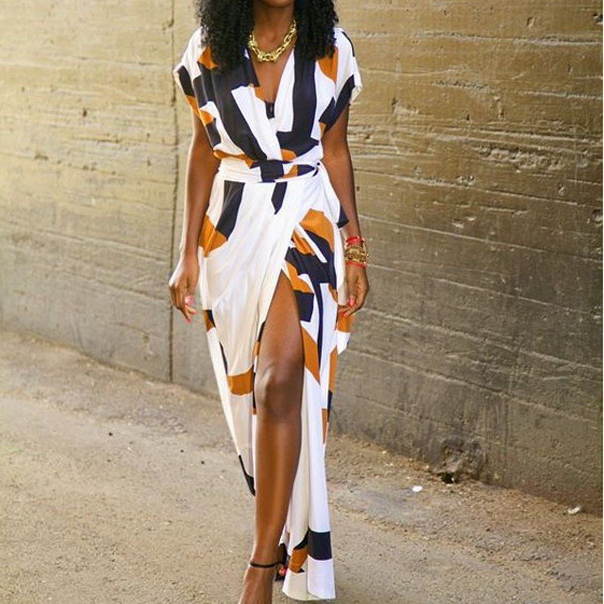 Deep V-neck Print Bohemian Irregular Split Long Dress