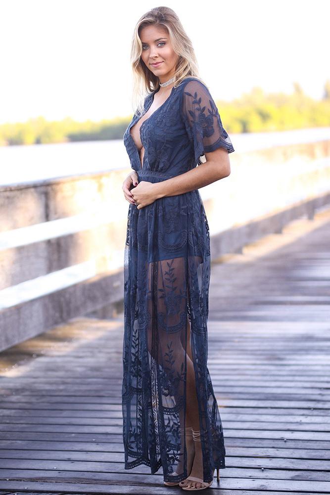 Lace V-neck Sleeveless Transparent Split Long Party Dress
