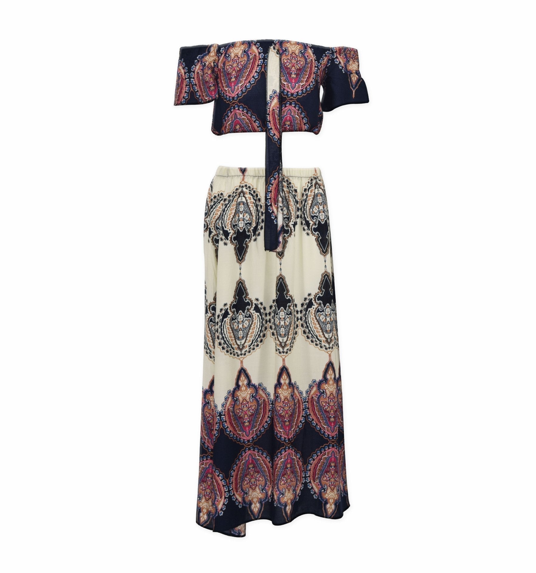 Retro Print Off Shoulder Short Sleeves Crop Top with Long Skirt Two Pieces Dress Set