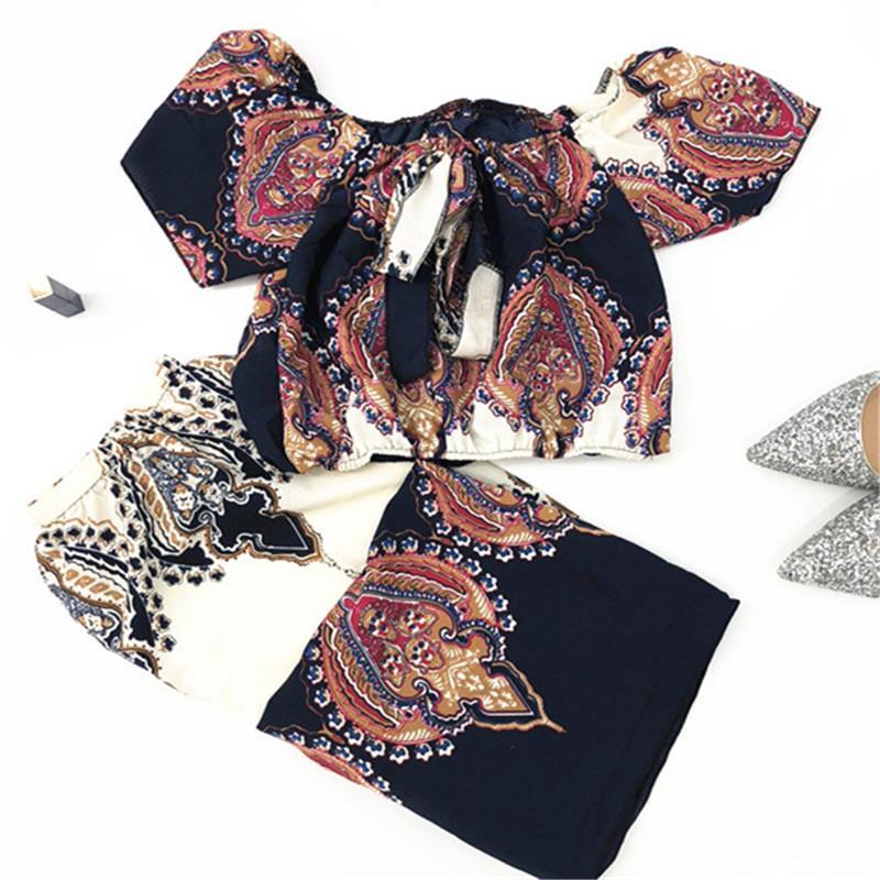 Retro Print Off Shoulder Short Sleeves Crop Top with Long Skirt Two Pieces Dress Set