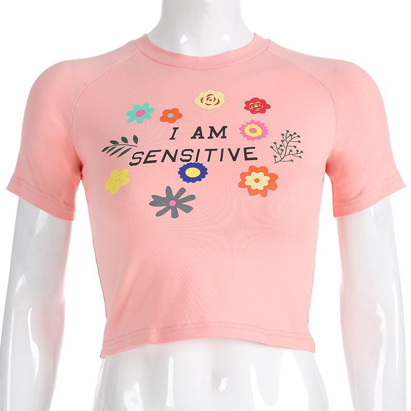 Letter Flowers Print Short Sleeves Crop Top