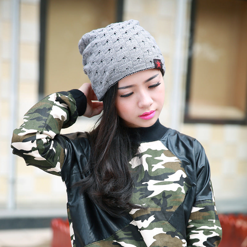 RED PENTAGONAL SOLID WOOL HAT WARM COVER DOME SIMPLE KNITTED HAT