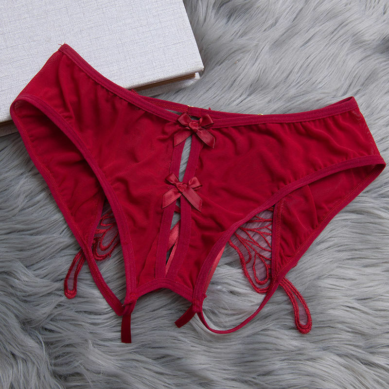LACE UNDERWEAR HOLLOWED OUT LARGE BOW OPEN BAND MIDDLE WAIST BRIEFS