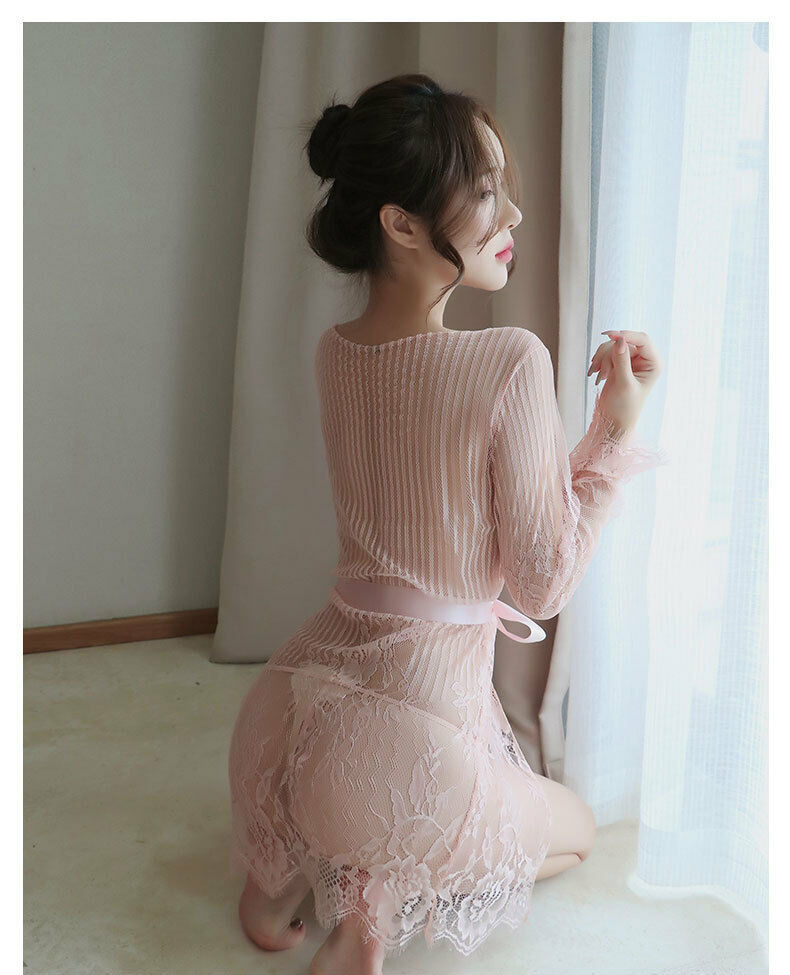 Sexy women lace nightdress lingerie set striped sheer pajama outfit