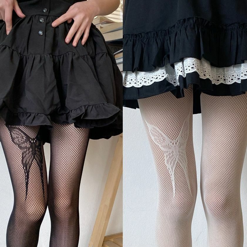 BLACK AND WHITE BUTTERFLY PANTIES NET SOCKS PUNK FASHION LOLITA SILK STOCKINGS