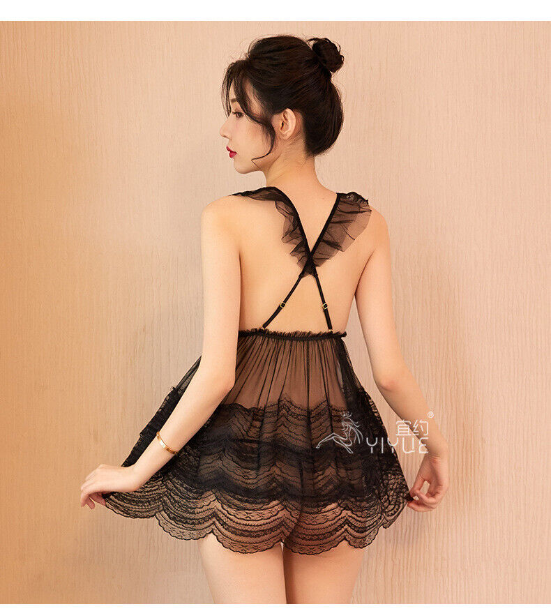 LACE MESH TRANSPARENT TEMPTATION BACKLESS NIGHTDRESS SET