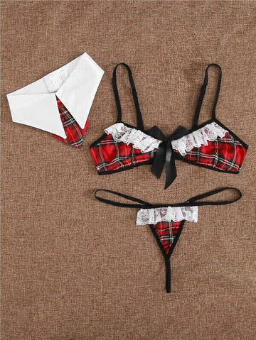FASHION UNDERWEAR RED LATTICE FASHION THREE-POINT SUIT NIGHTDRESS