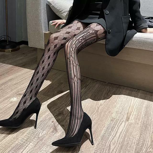 FASHION ASYMMETRIC PATTERN FASHION HOLLOW OUT TREND LONG TUBE BOTTOMED PANTYHOSE