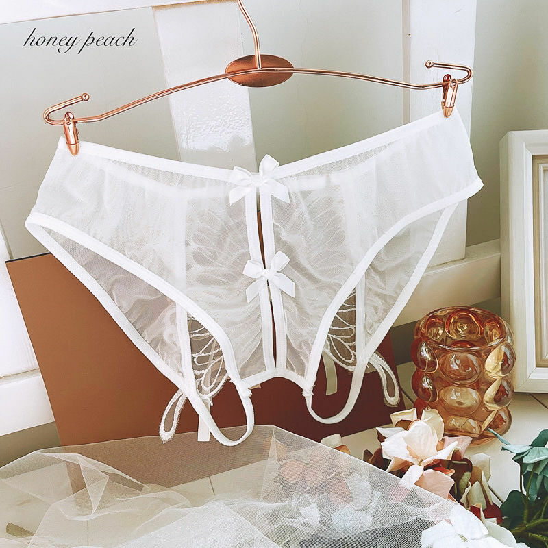 LACE UNDERWEAR HOLLOWED OUT LARGE BOW OPEN BAND MIDDLE WAIST BRIEFS