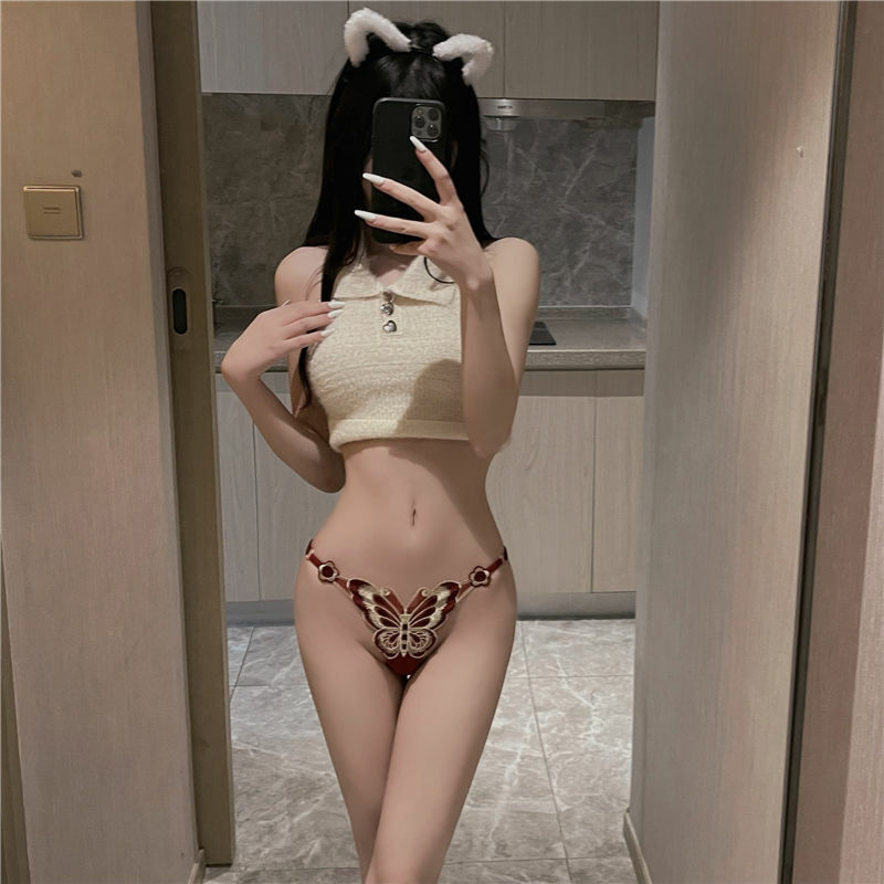 TRANSPARENT ADJUSTABLE LARGE EMBROIDERED BUTTERFLY UNDERWEAR THONG
