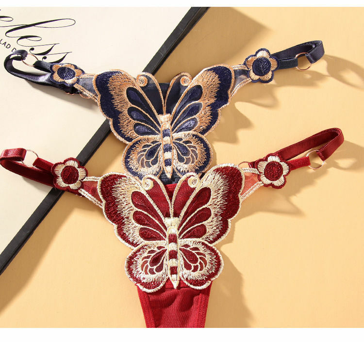 TRANSPARENT ADJUSTABLE LARGE EMBROIDERED BUTTERFLY UNDERWEAR THONG