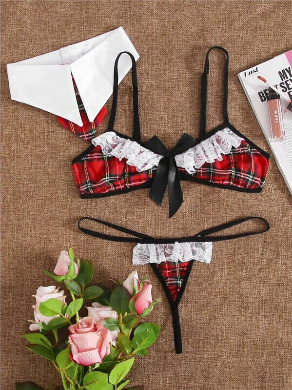 FASHION UNDERWEAR RED LATTICE FASHION THREE-POINT SUIT NIGHTDRESS