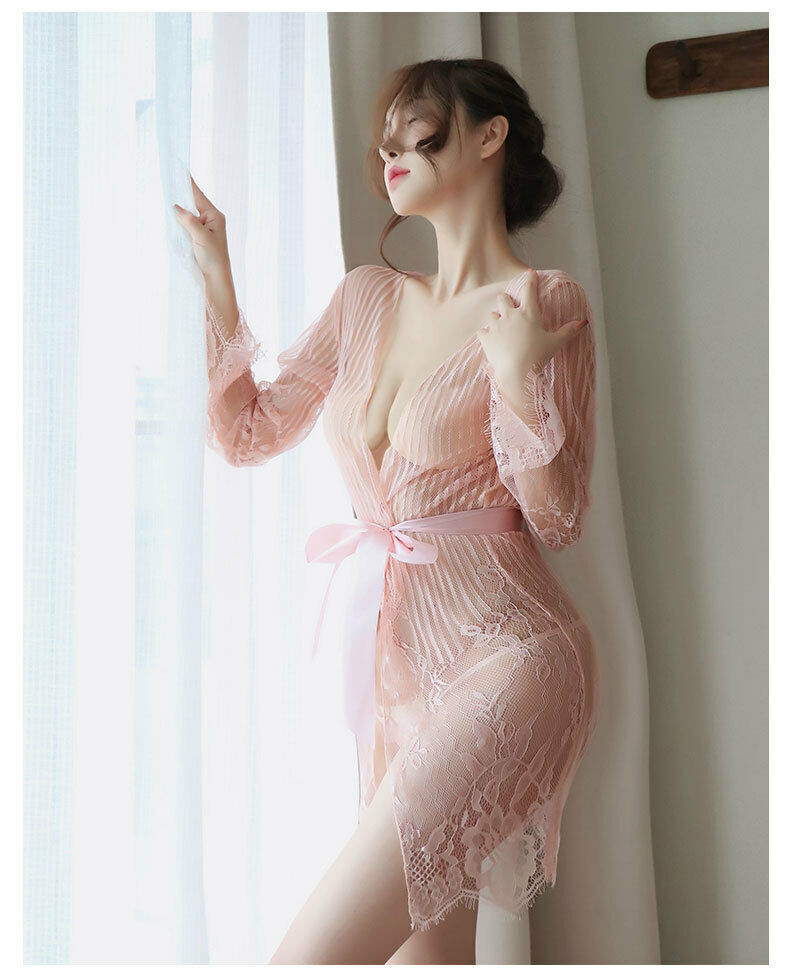 Sexy women lace nightdress lingerie set striped sheer pajama outfit
