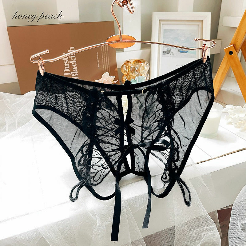 LACE UNDERWEAR HOLLOWED OUT LARGE BOW OPEN BAND MIDDLE WAIST BRIEFS