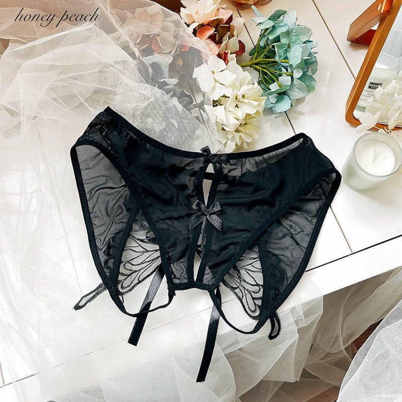 LACE UNDERWEAR HOLLOWED OUT LARGE BOW OPEN BAND MIDDLE WAIST BRIEFS