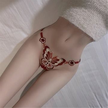 TRANSPARENT ADJUSTABLE LARGE EMBROIDERED BUTTERFLY UNDERWEAR THONG