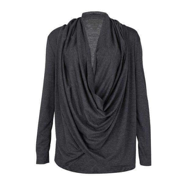 Irregular V-neck Drapped Long Sleeves Loose Long Blouse