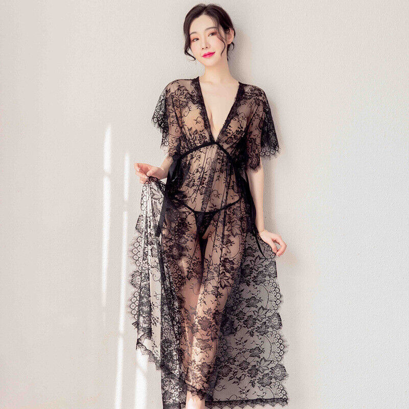LONG SLIT BLACK PERSPECTIVE EYELASH LACE NIGHTDRESS
