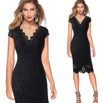 LACE TRIM V-NECK CASUAL PENCIL DRESS