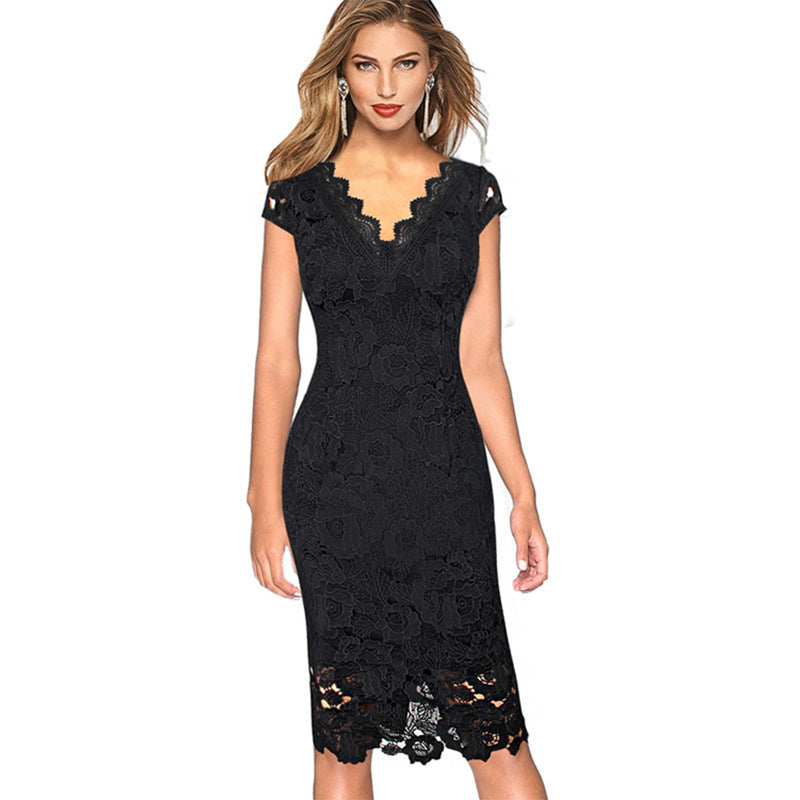 LACE TRIM V-NECK CASUAL PENCIL DRESS