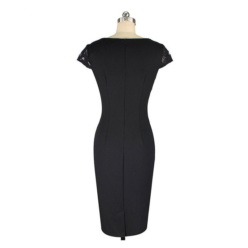 LACE TRIM V-NECK CASUAL PENCIL DRESS