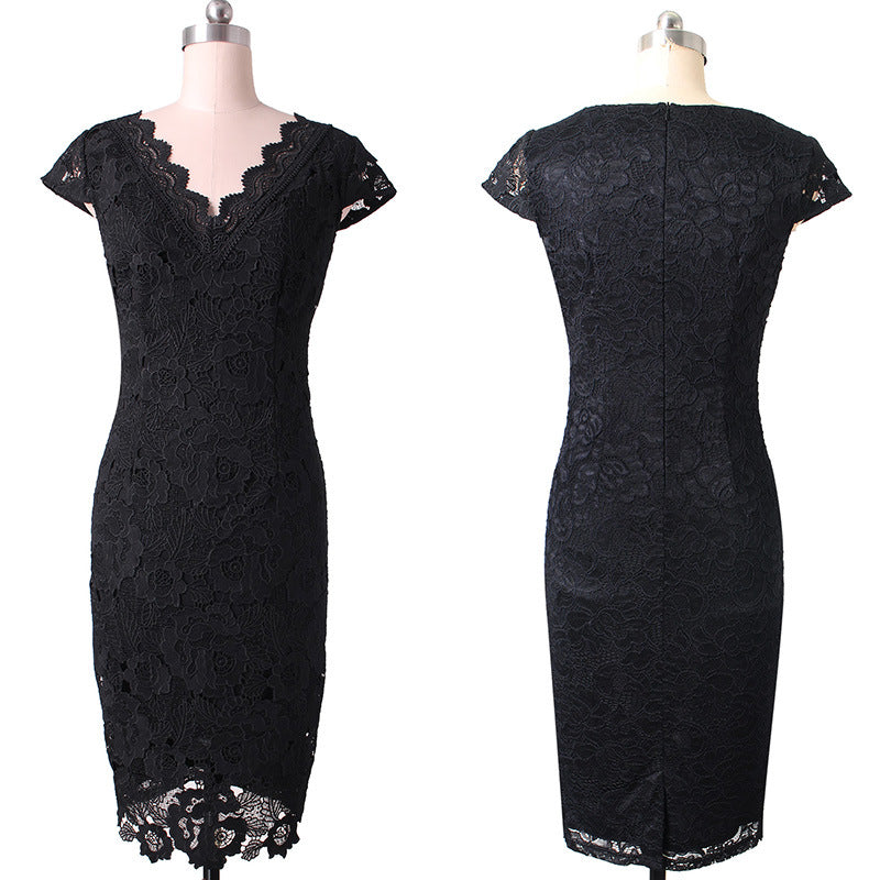 LACE TRIM V-NECK CASUAL PENCIL DRESS