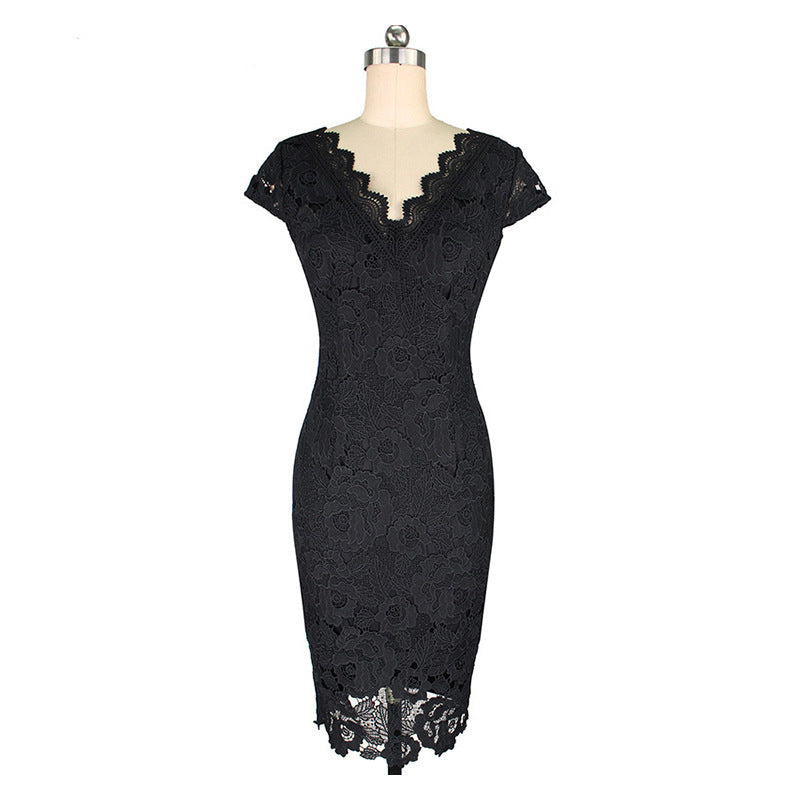 LACE TRIM V-NECK CASUAL PENCIL DRESS