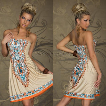 Sexy Strapless Floral Print Pleated Short Beach Dress