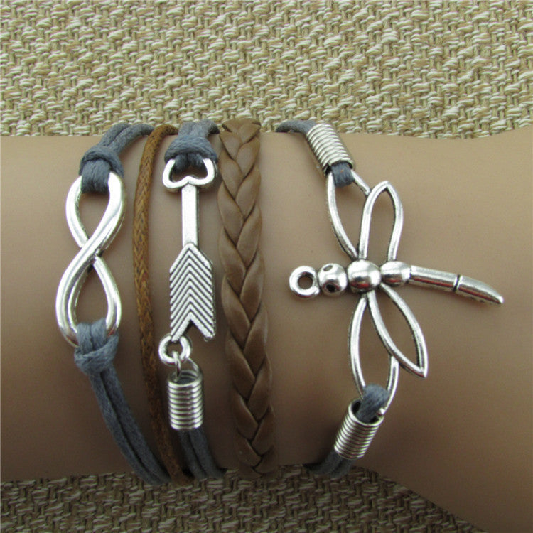 Dragonfly Eight Heart Arrow Leather Bracelet