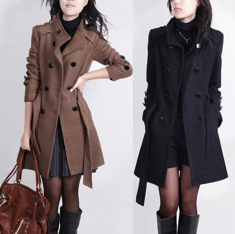 Stand Collar Double Button Belt Slim Plus Size Woolen Coat