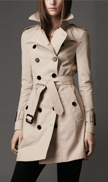 Turn-down Collar Belt Double Button Slim Mid-length Coat