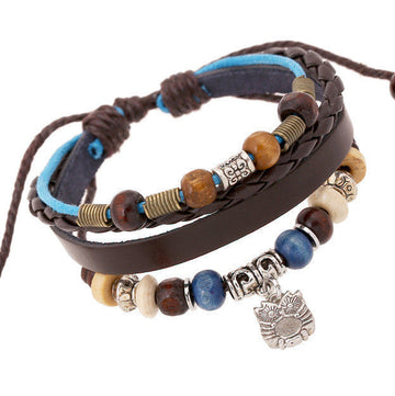 OWL PENDANT BEADED LEATHER BRACELET