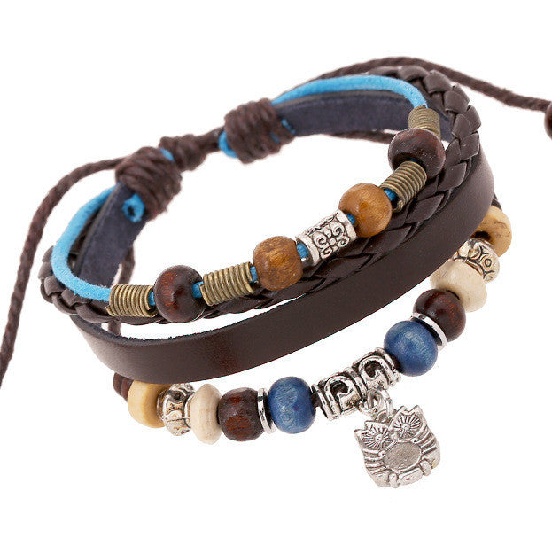 OWL PENDANT BEADED LEATHER BRACELET