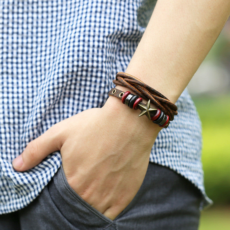 RETRO STAR LEATHER WOVEN BRAIDED BRACELET
