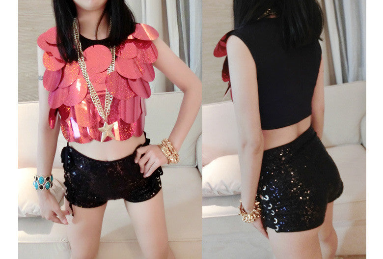 HIGH WAIST SEQUINS SIDE LACE UP DANCE SHORTS