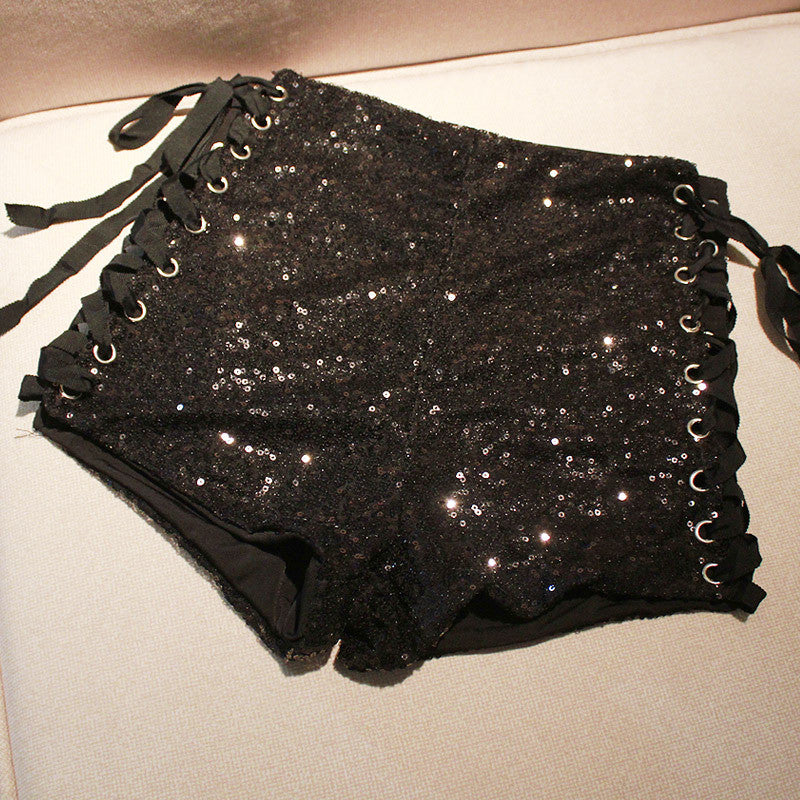 HIGH WAIST SEQUINS SIDE LACE UP DANCE SHORTS