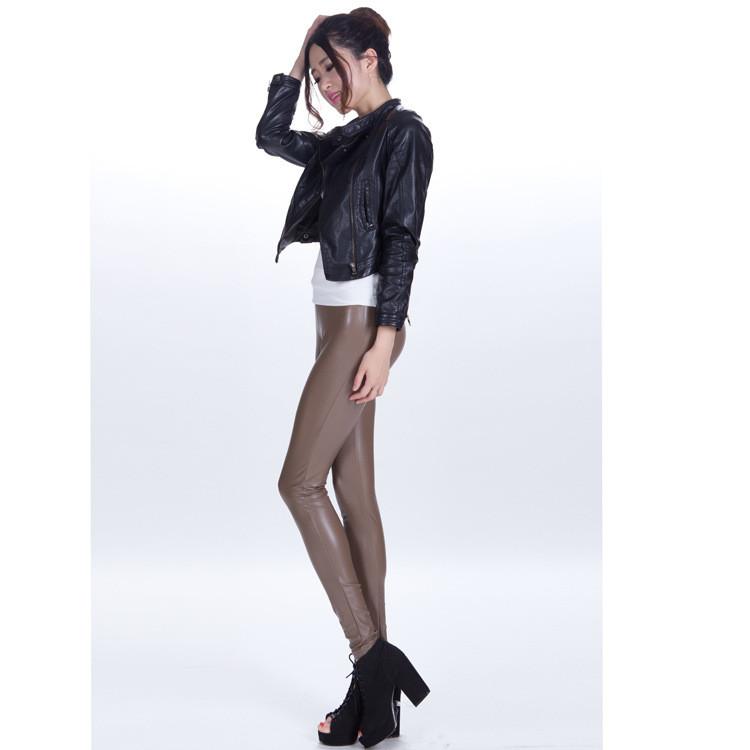Pure Color Regular Waist PU Slim Leggings
