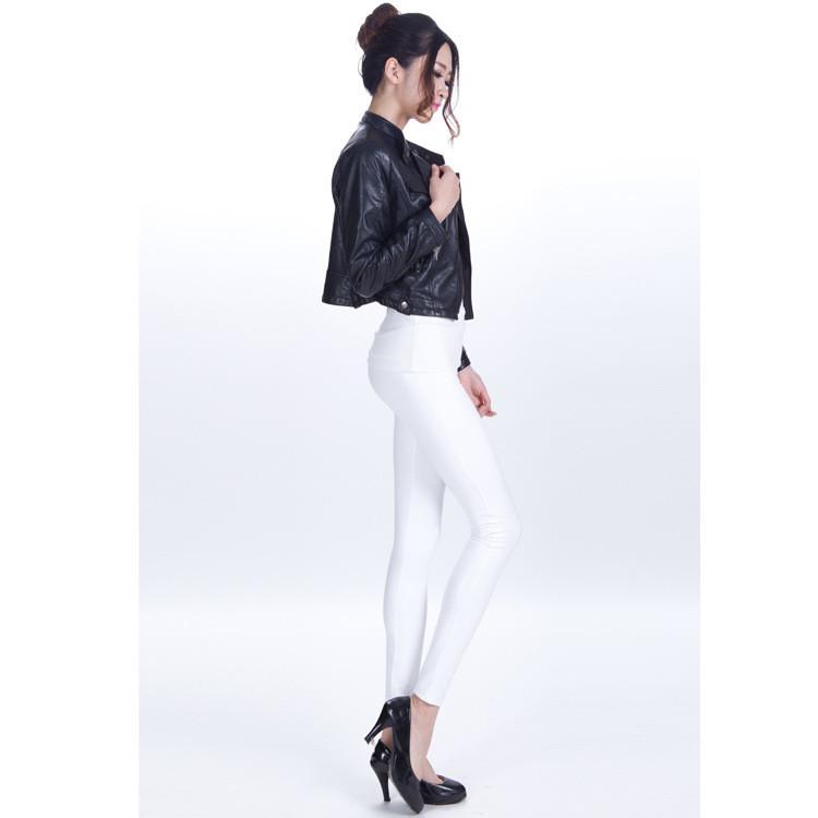 Pure Color Regular Waist PU Slim Leggings