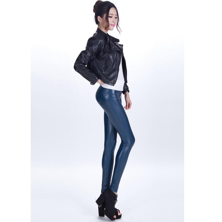 Pure Color Regular Waist PU Slim Leggings