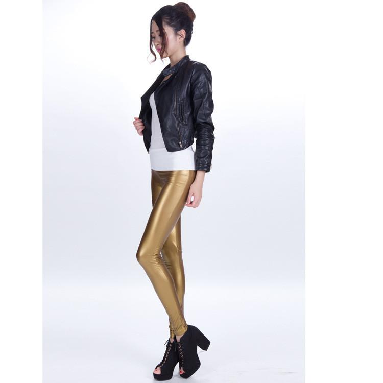 Pure Color Regular Waist PU Slim Leggings