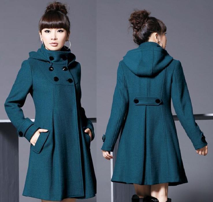 Hooded High Neck Button Slim Long Sleeves Mid-length Coat