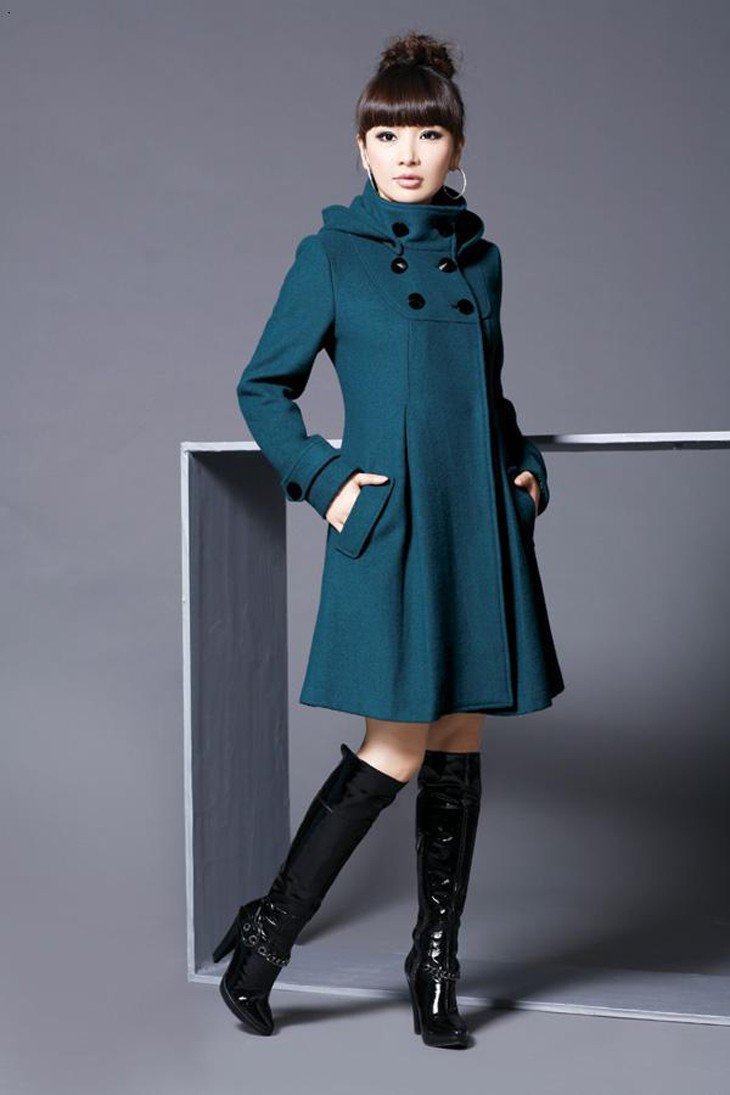 Hooded High Neck Button Slim Long Sleeves Mid-length Coat
