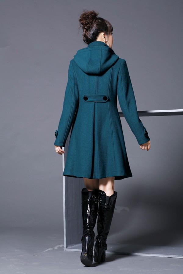 Hooded High Neck Button Slim Long Sleeves Mid-length Coat